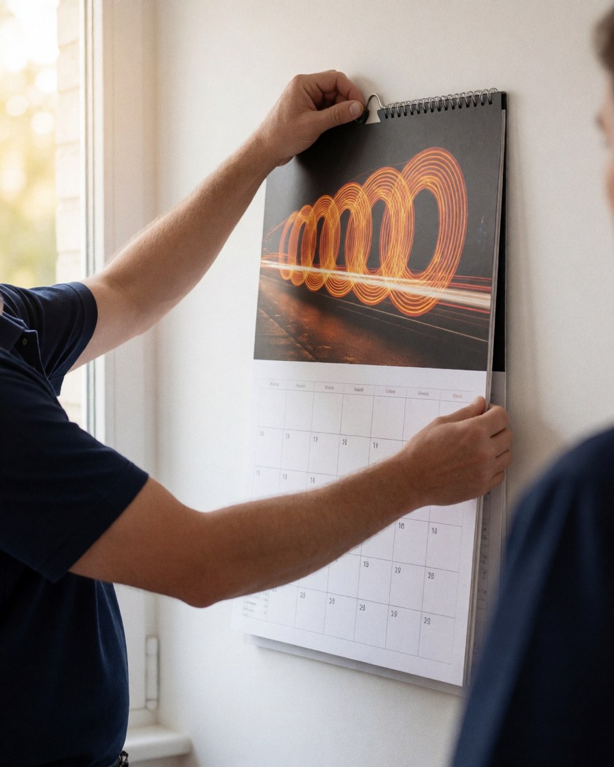 Kinetic photographer adjusting a calendar with lights on a white wall, warm window light, realistic business scene