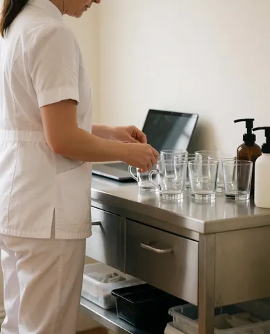 Therapist in white uniform preparing glass cups on a stainless steel table in a clean treatment room