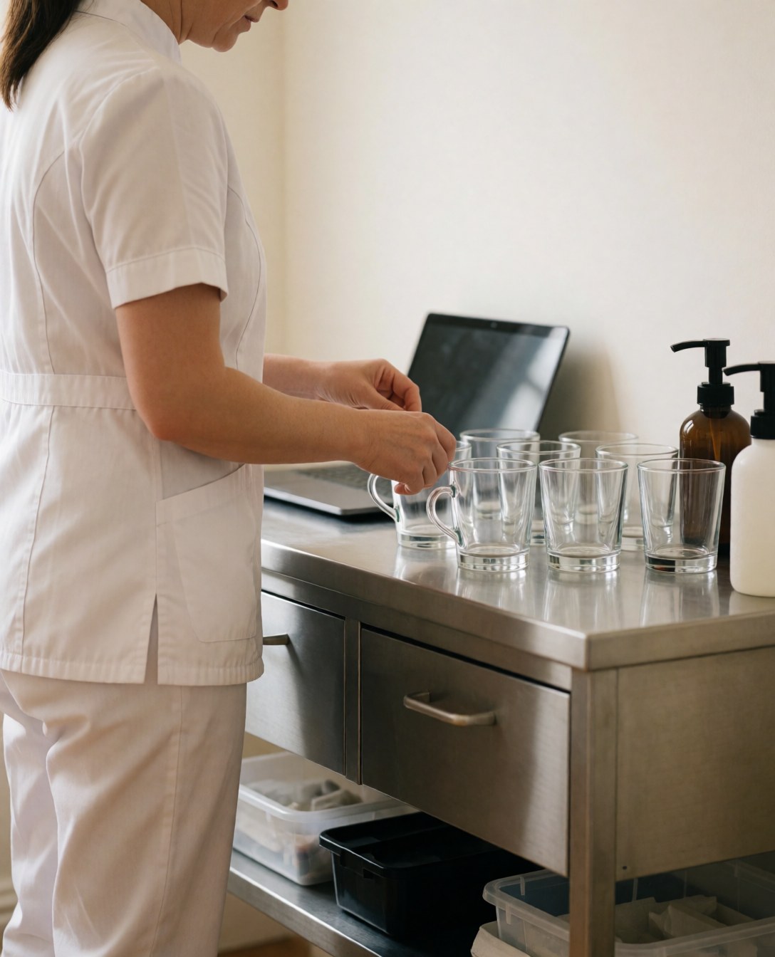 Therapist in white uniform preparing glass cups on a stainless steel table in a clean treatment room