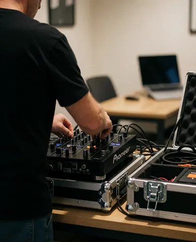 Dj adjusting knobs on mixer with cables and equipment boxes on table under warm lighting