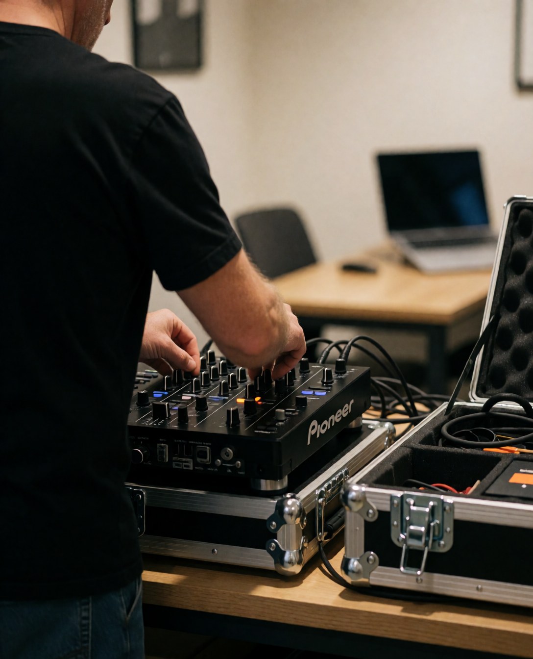 Dj adjusting knobs on mixer with cables and equipment boxes on table under warm lighting