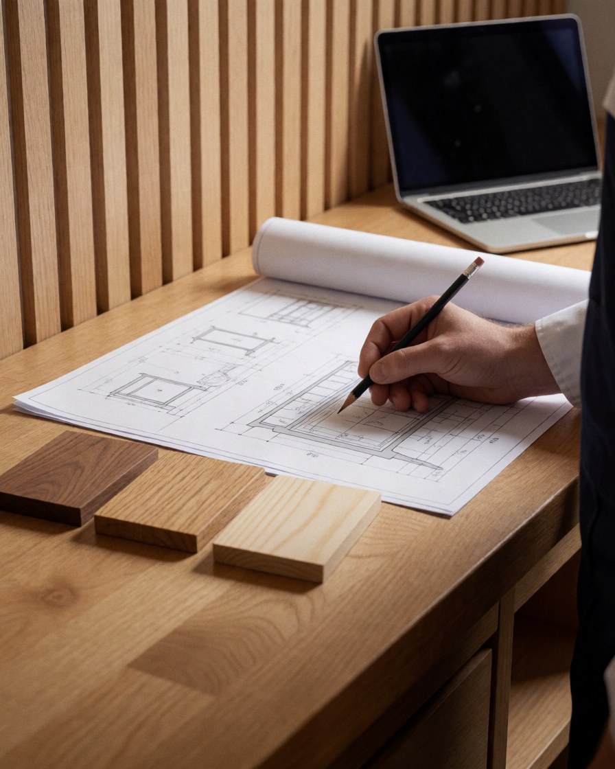 Close-up of a wood sample placed on furniture blueprints in a carpentry workshop