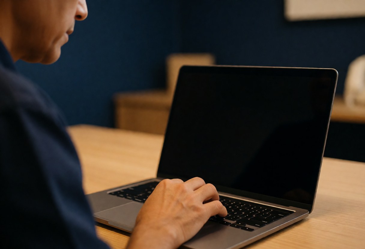 Close-up of a hand typing on a laptop keyboard in a studio with a dark blue wall and warm lighting