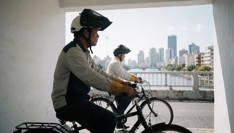 Cyclist in a bicycle taxi wearing a helmet and uniform, riding on a bridge with an urban skyline in the background, ideal for transport services.