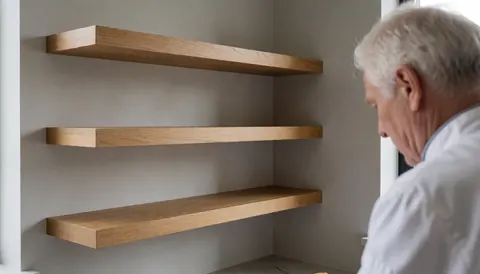 A man installing wooden floating shelves on a gray wall in a bright modern kitchen with natural light