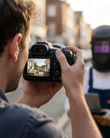Photographer holding camera to capture a client wearing a welding helmet on a city street during sunset.