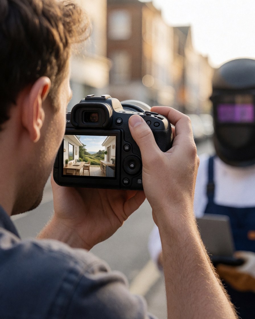 Photographer holding camera to capture a client wearing a welding helmet on a city street during sunset.