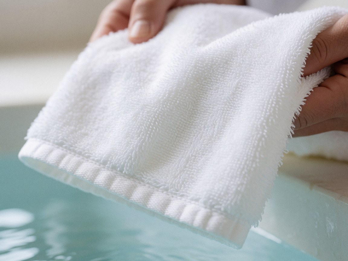 Close-up of hands holding a white towel with neat stitching near clear pool water, highlighting soft texture