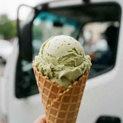 A green ice cream cone in a waffle cone held in front of a white truck under natural light