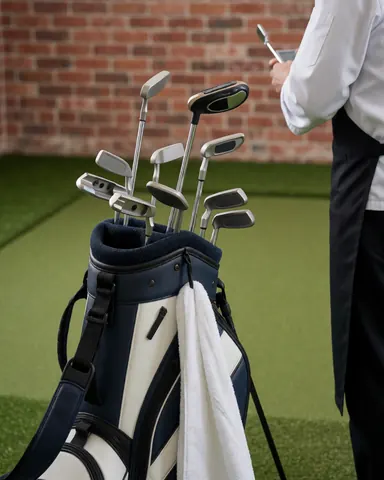 Golf bag containing putters and a white towel resting on green grass near a brick wall at a golf practice area