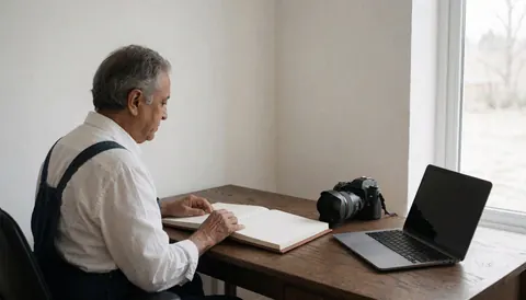 Documentary photographer reviewing photos in an open notebook on a wooden desk with a camera and laptop nearby in a minimalist office with natural light