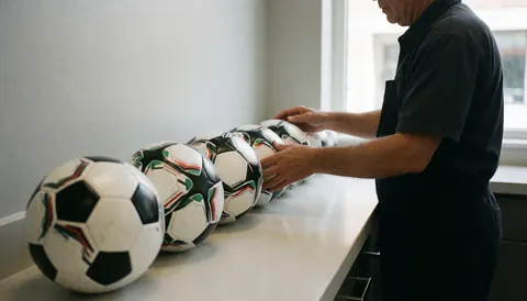 Staff member arranging soccer balls on a rental counter in a sports club with natural light and gray walls