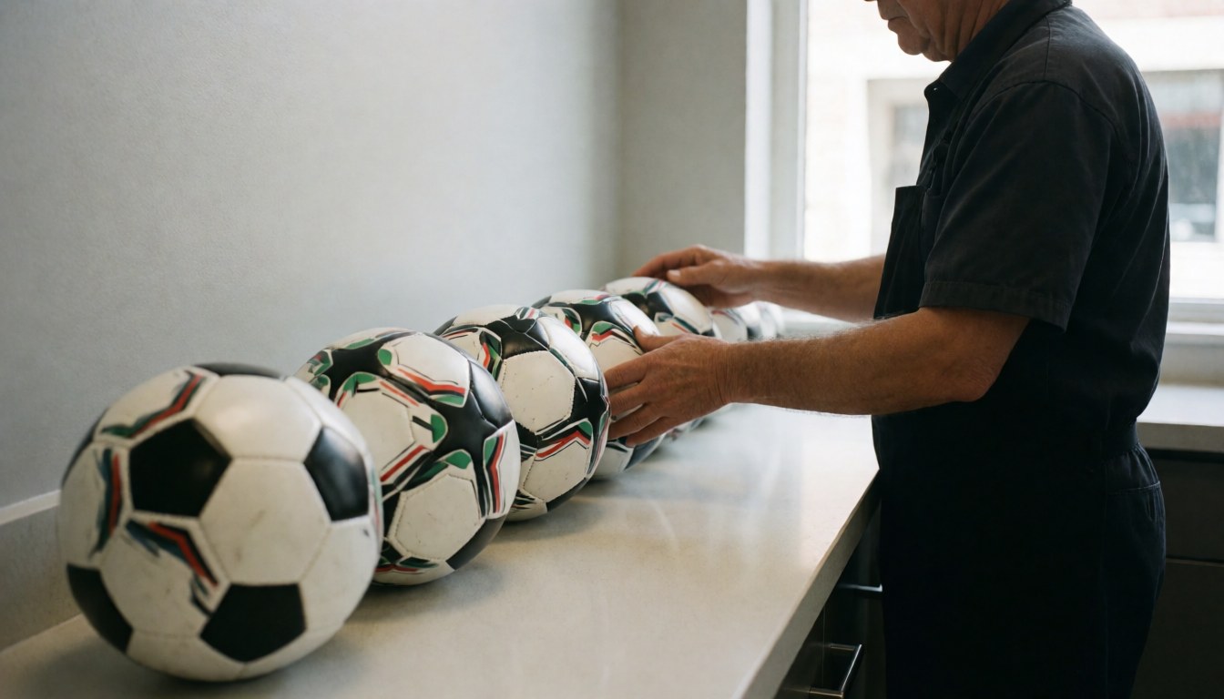 Staff member arranging soccer balls on a rental counter in a sports club with natural light and gray walls