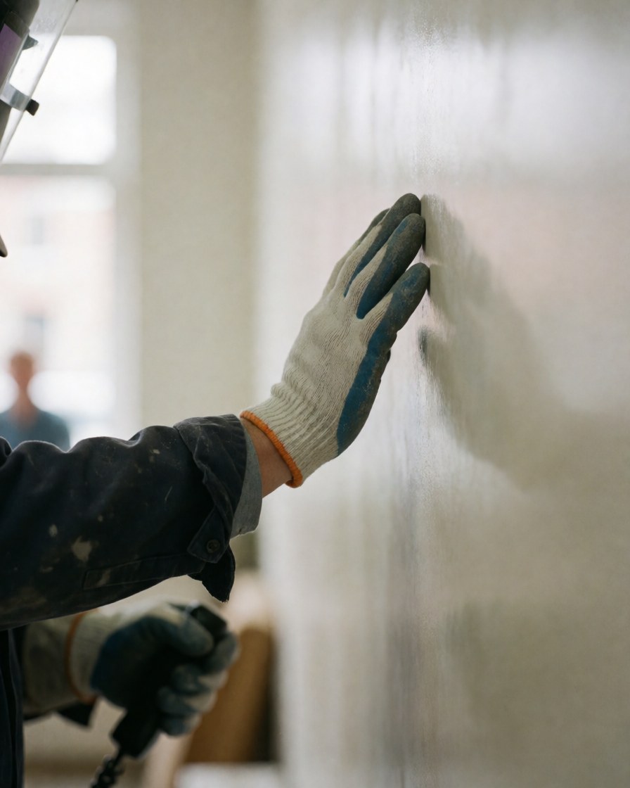 Close-up of a gloved hand touching a freshly painted pearlescent wall with natural light and blurred background