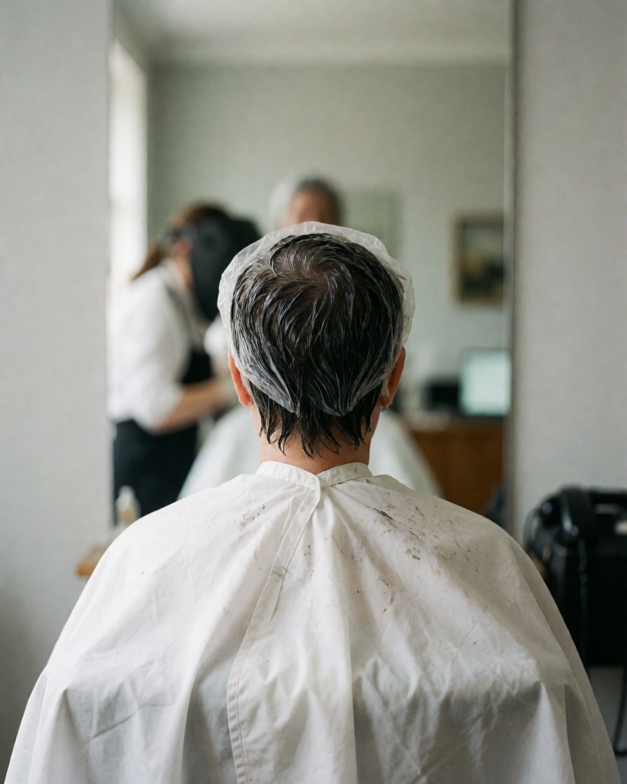 A happy customer wearing a white cape and plastic cap receiving a hair treatment in a beauty salon with a mirror in the background.