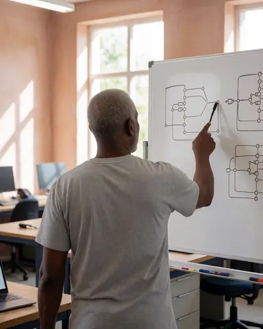 Robotics instructor explaining circuit diagrams on a whiteboard in a well-lit workshop with work tables