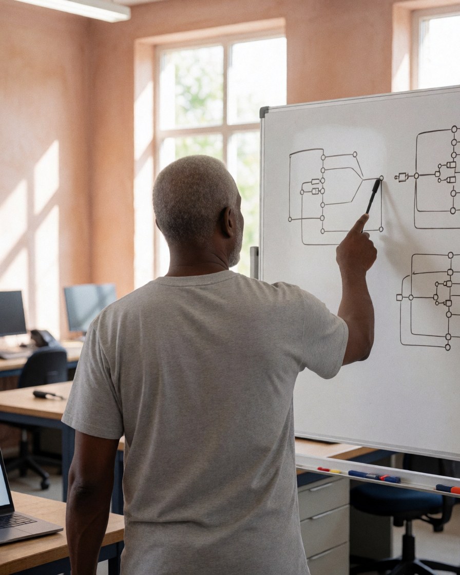 Robotics instructor explaining circuit diagrams on a whiteboard in a well-lit workshop with work tables