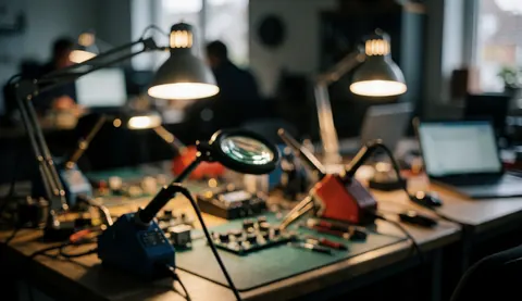 Workbench featuring a magnifying glass and soldering iron on a circuit board under desk lighting, suitable for hardware repair backgrounds