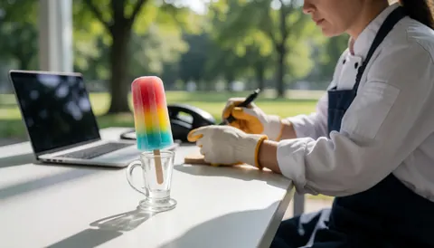 A colorful ice cream served in a clear glass cup placed on a white table in a theme park setting.