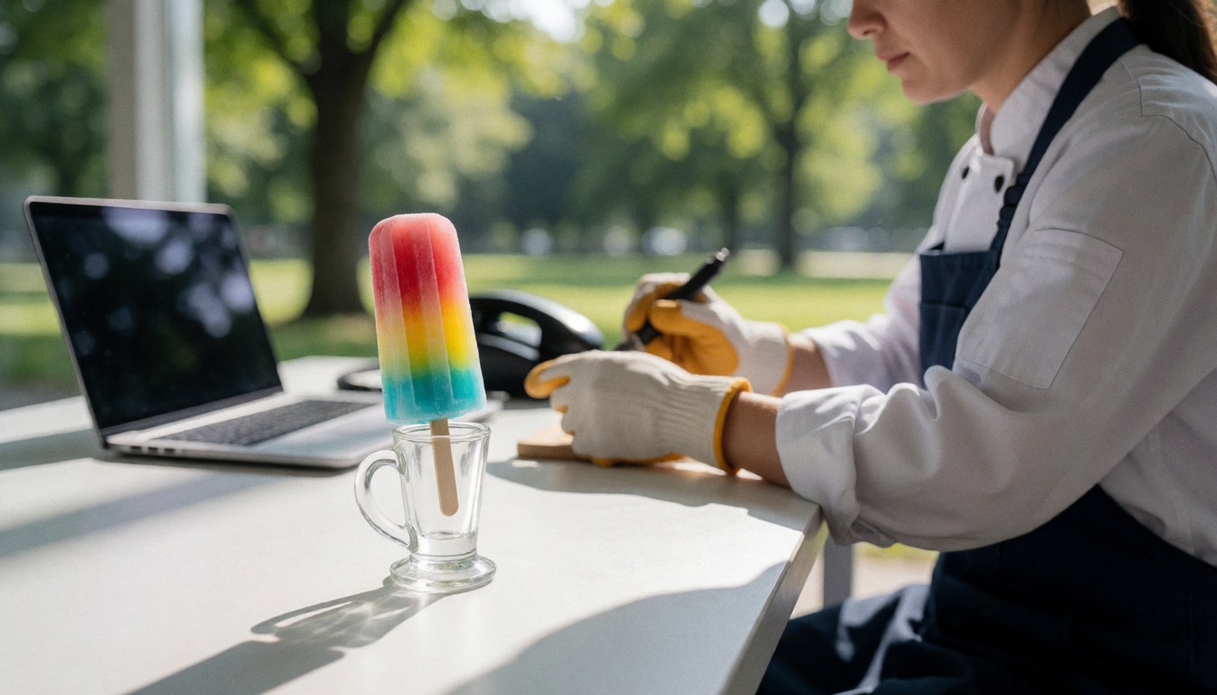 A colorful ice cream served in a clear glass cup placed on a white table in a theme park setting.