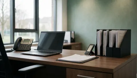 Clean office desk featuring a laptop, smartphone, and medical files, suitable for a sports clinic setting