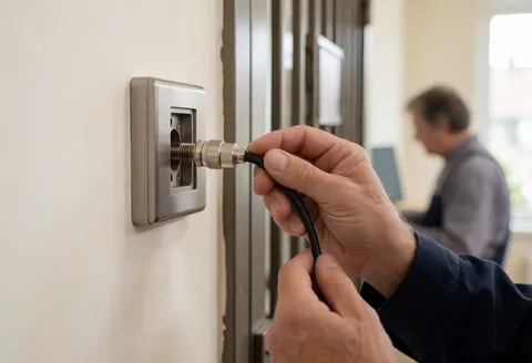 Close-up of a technician's hand connecting a coaxial cable to a video intercom outlet on a warm white wall near a metal door for security system installation.