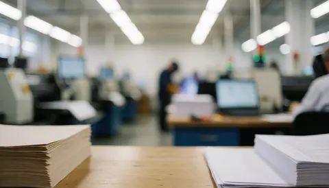Close-up of paper stacks with blurred printing machines and office lights in the background, suitable for graphic printing text backgrounds.