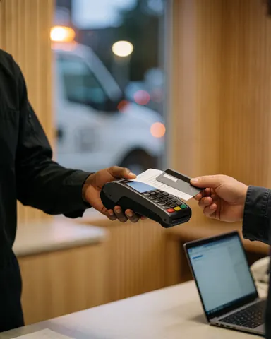 Close-up of a hand handing a credit card to a payment terminal with a tow truck visible in the background.
