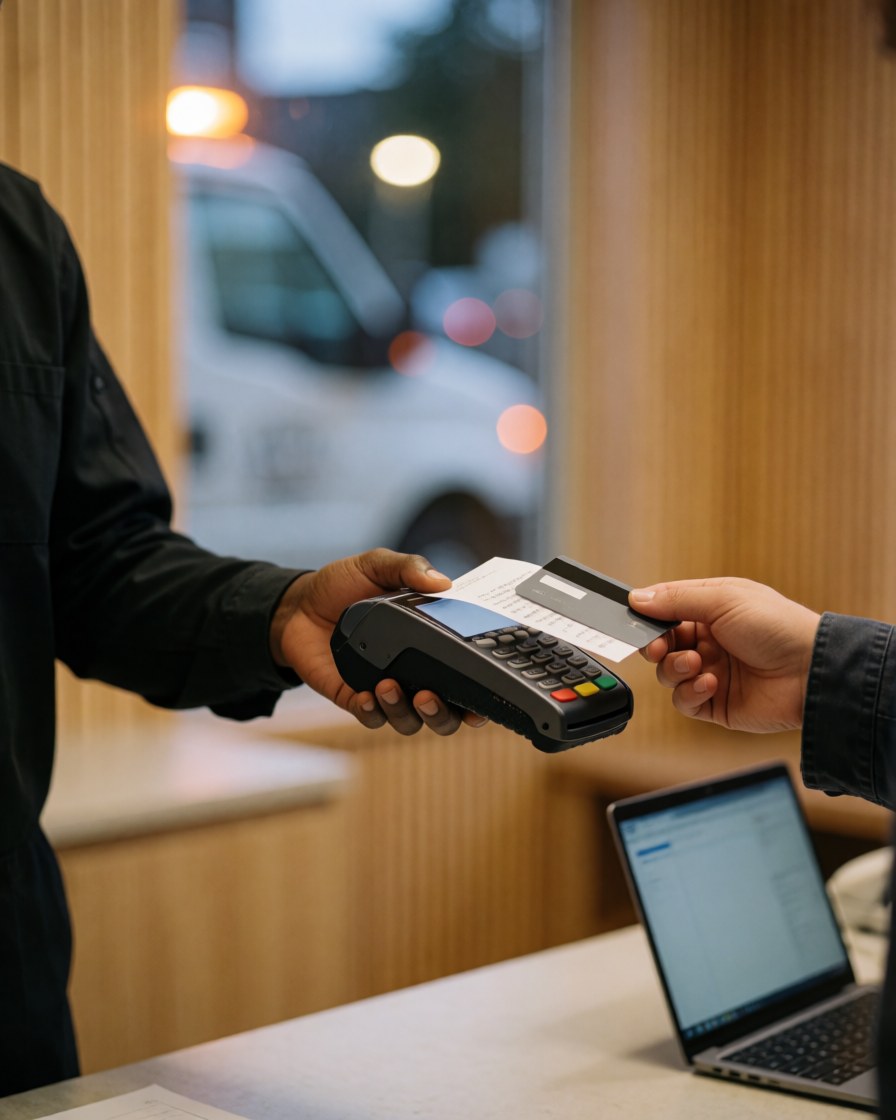 Close-up of a hand handing a credit card to a payment terminal with a tow truck visible in the background.