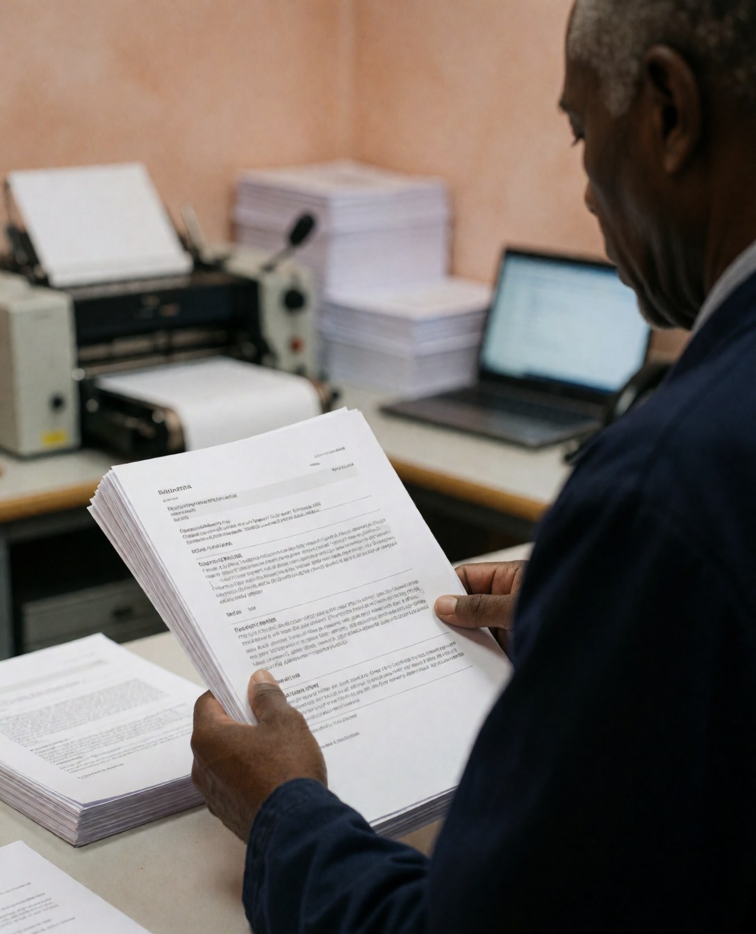 A customer reviews a stack of printed documents at a copy center with binding equipment and a laptop in the background