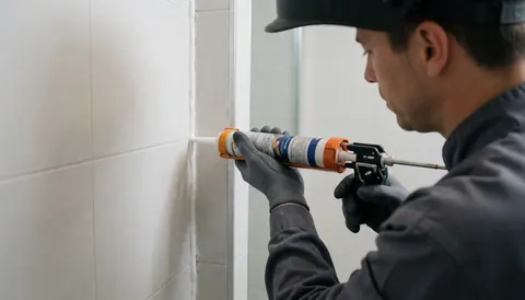 Worker applying sealant to a tiled bathroom corner with a caulking gun