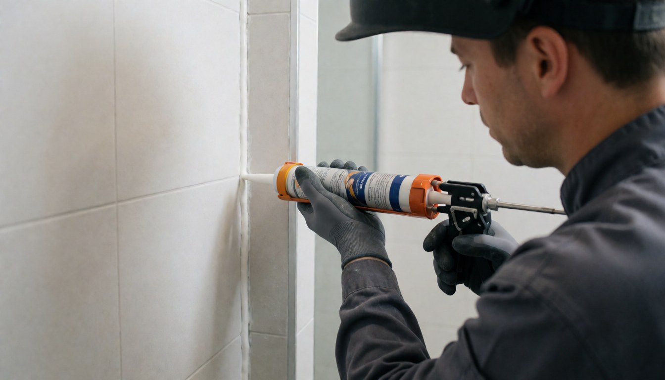 Worker applying sealant to a tiled bathroom corner with a caulking gun