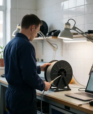 Technician organizing a reel of RG-6 coaxial cable in a workshop with white tiled walls and work lights for antenna installation services
