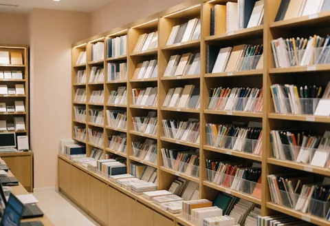 Wooden shelves displaying notebooks, pens, and folders in a stationery store with beige walls and warm lighting.