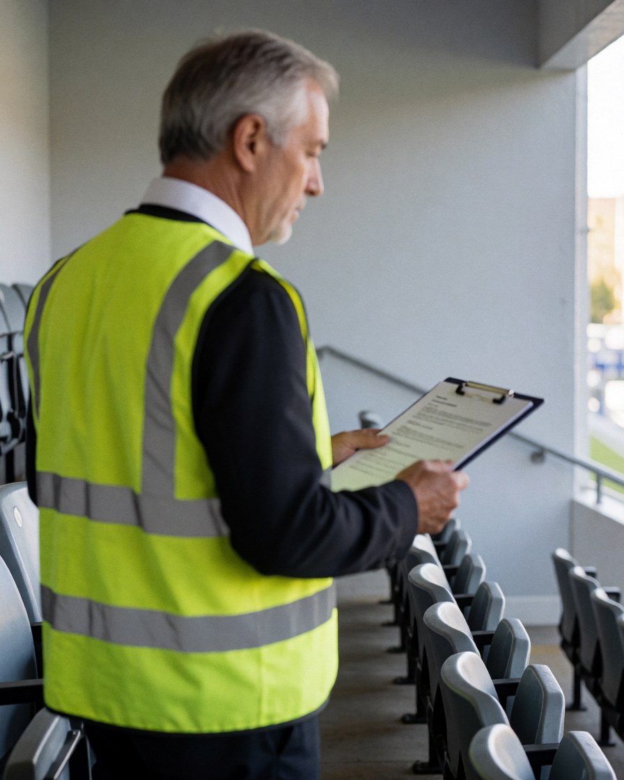 A steward wearing a reflective vest inspects empty stadium seats in a clean, orderly environment with natural lighting.