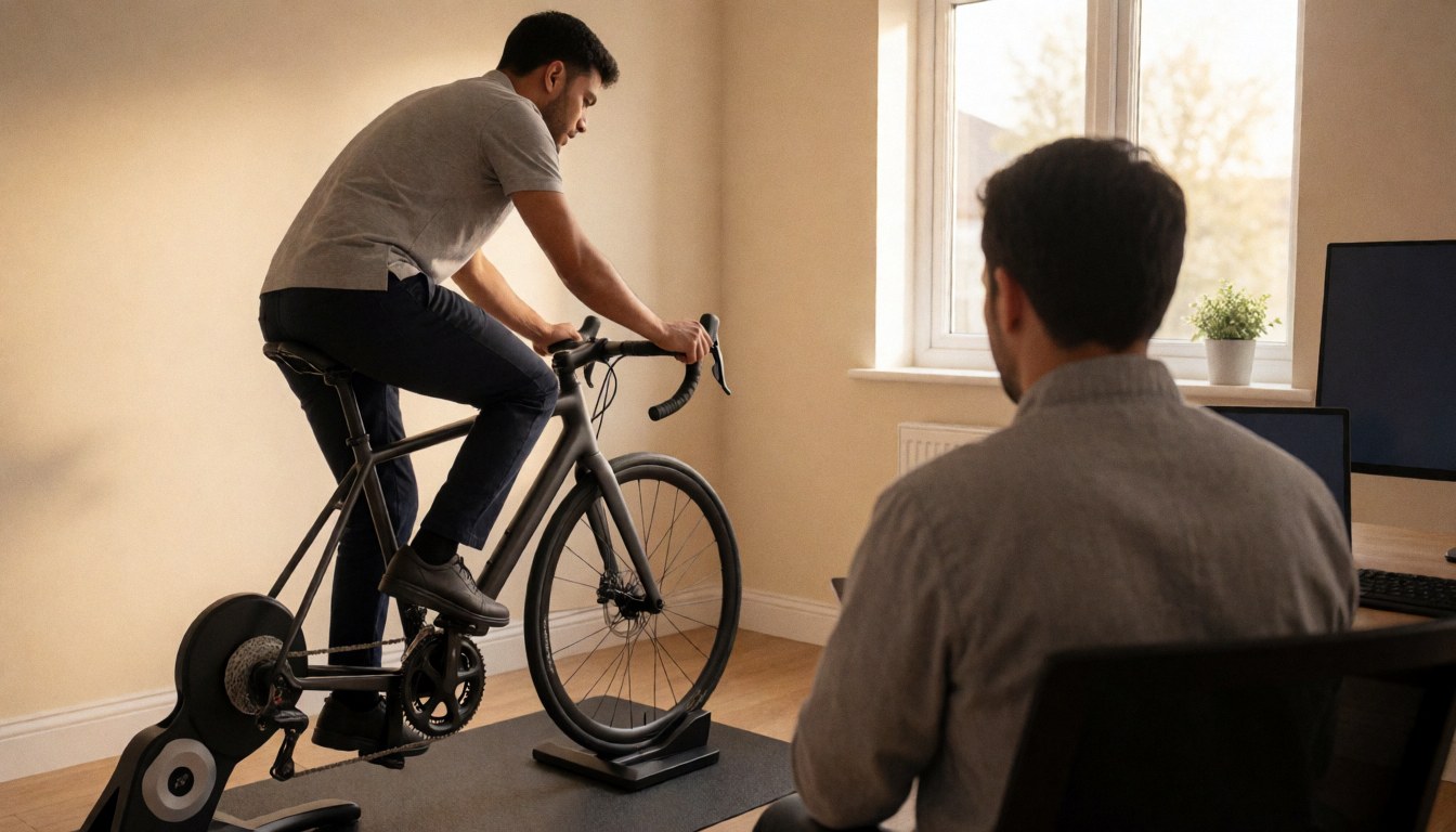 Cycling coach riding a smart bike trainer while a client watches from a desk with a computer near a window with natural light