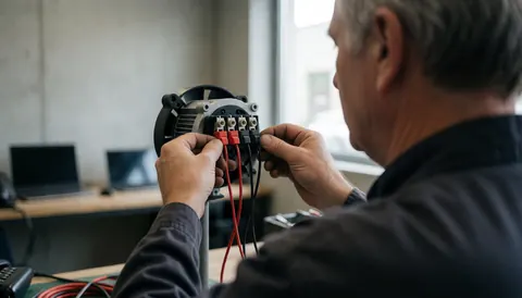 Technician connecting red and black wires to a fan motor in a workshop with concrete walls and natural light