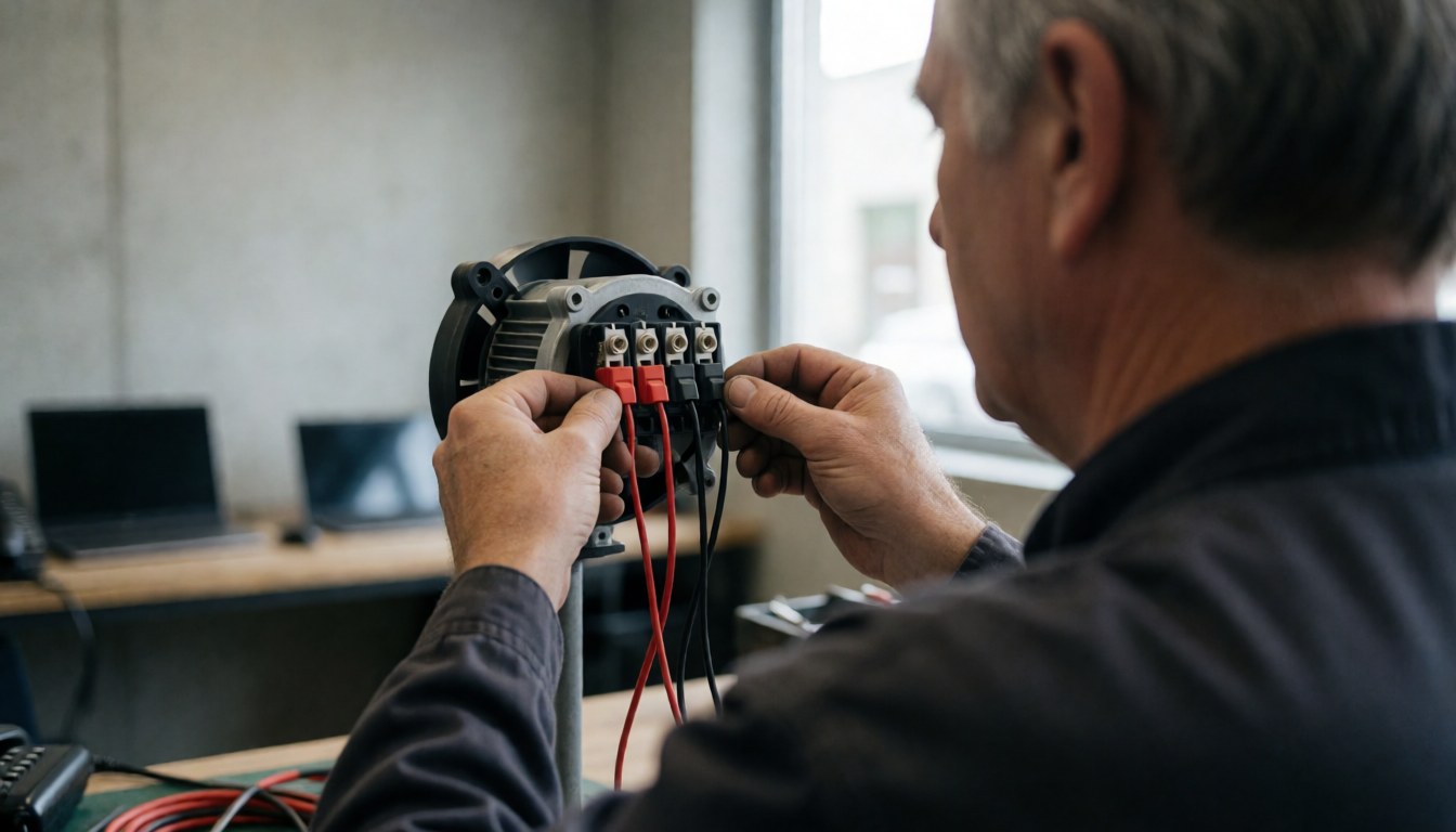 Technician connecting red and black wires to a fan motor in a workshop with concrete walls and natural light
