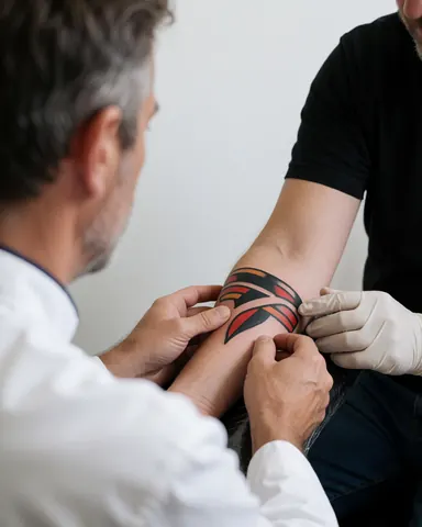 Adult client watches traditional tattoo on forearm while artist in gloves adjusts design against white wall