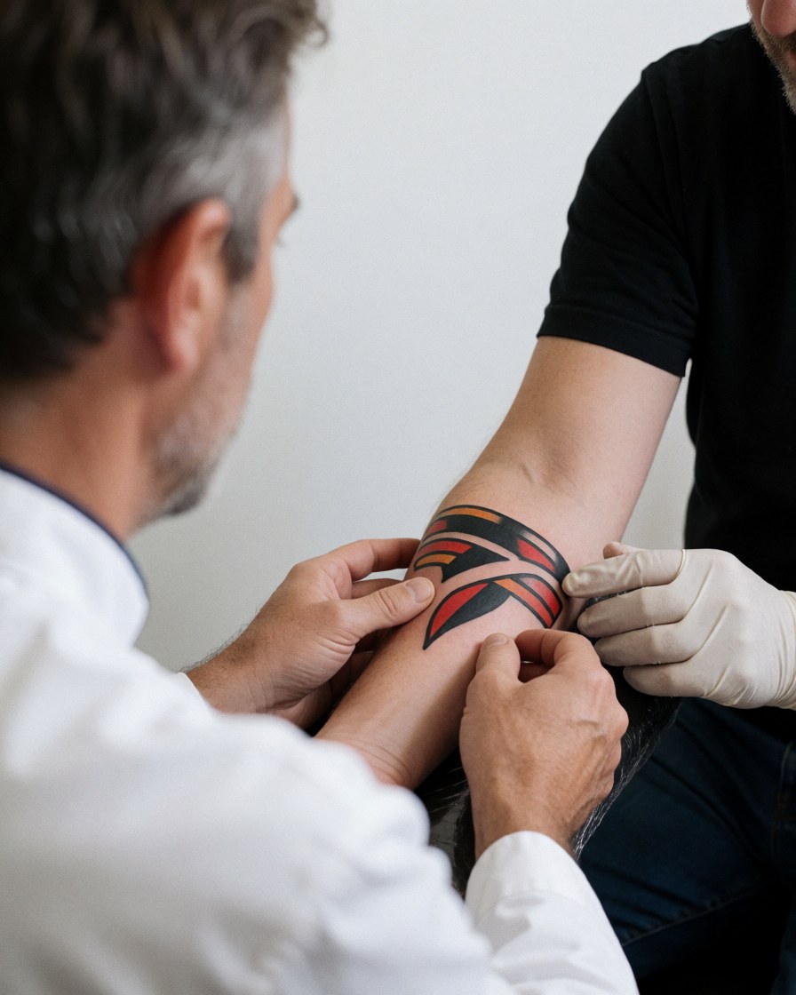 Adult client watches traditional tattoo on forearm while artist in gloves adjusts design against white wall