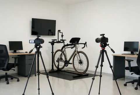 Bicycle mounted on a professional fitting stand surrounded by cameras on tripods in a clean white studio setting