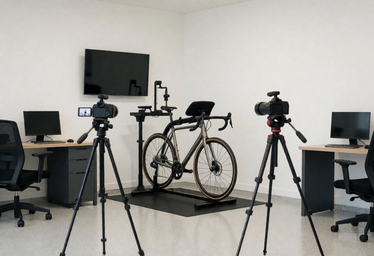 Bicycle mounted on a professional fitting stand surrounded by cameras on tripods in a clean white studio setting