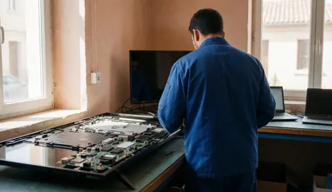 Technician in blue uniform repairing a disassembled TV on a workbench with visible circuit board and terracotta plaster walls lit by natural window light.