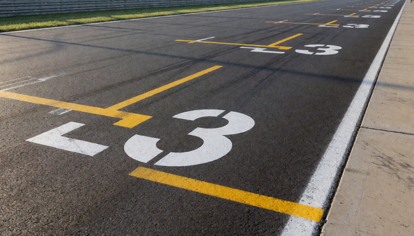 Empty asphalt racing circuit featuring yellow boundary lines and the number 3, suitable for a motorsport website hero section