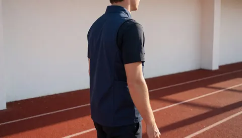 Athlete wearing a blue hydration vest on a red synthetic track with white walls and afternoon light, ideal for track and field coaches.