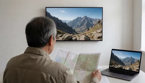 Man holding a topographic map at a table in a mountain hut with a TV and laptop showing mountain views