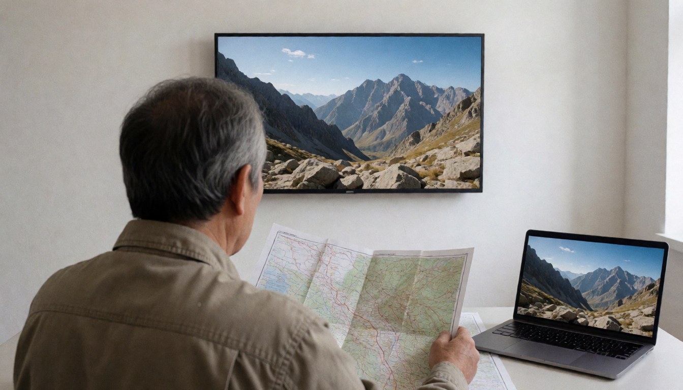 Man holding a topographic map at a table in a mountain hut with a TV and laptop showing mountain views