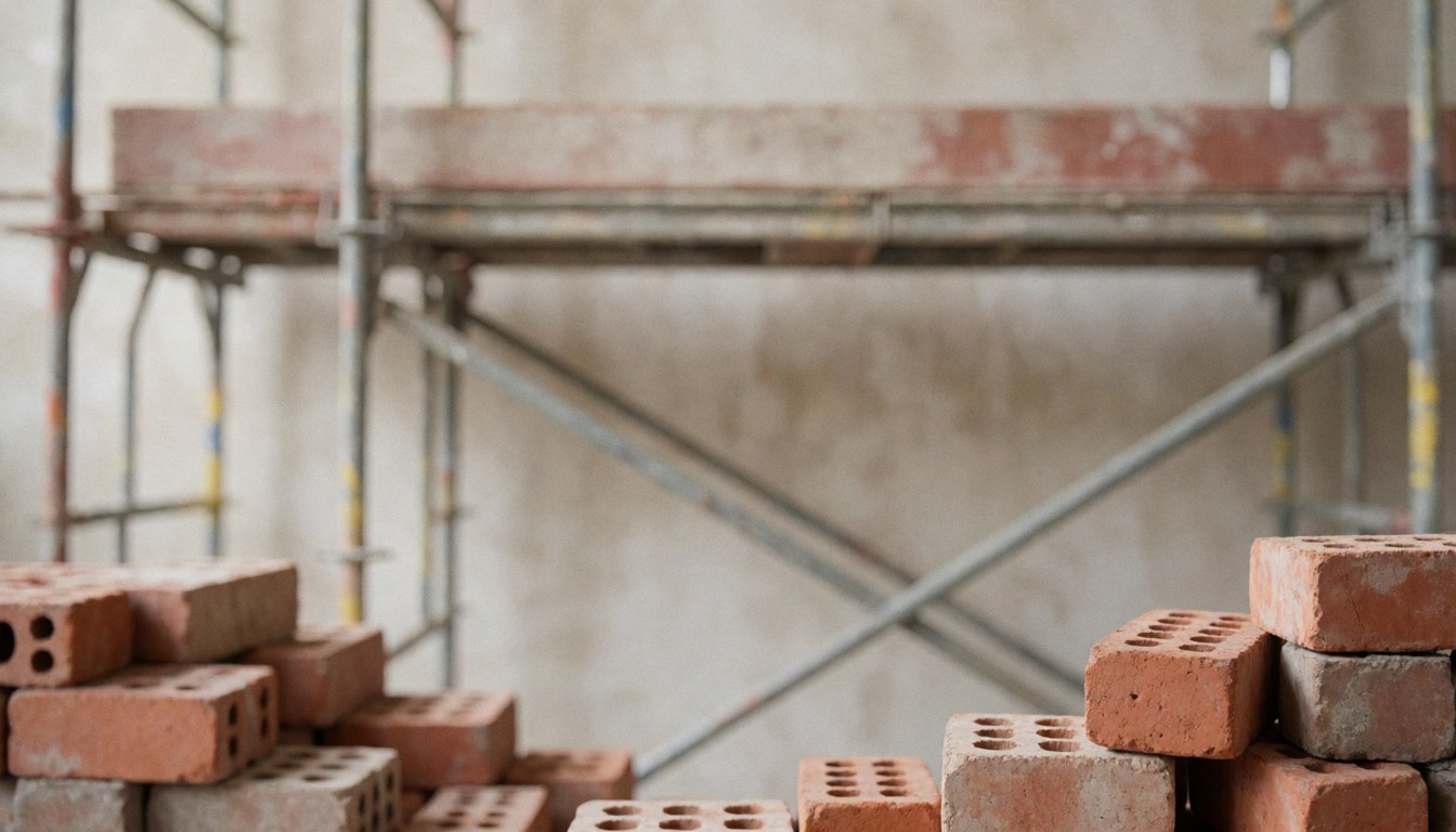 Metal scaffolding and stacks of red bricks on a construction site, providing a textured background suitable for text overlays.