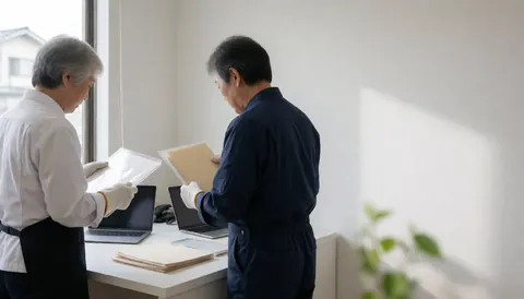 Two professionals reviewing folders in a bright office with white walls and natural light, illustrating copy center services