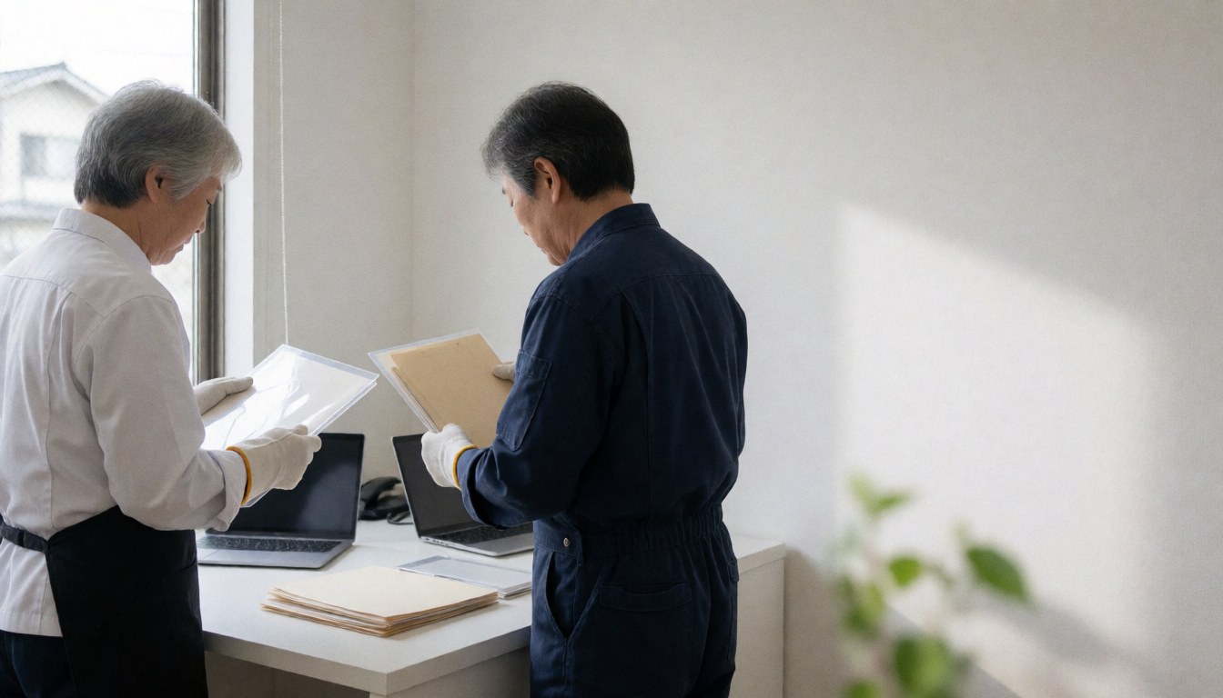 Two professionals reviewing folders in a bright office with white walls and natural light, illustrating copy center services